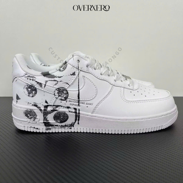OVERXERO Custom Street Art Sneakers – Handmade White Shoes with Abstract Black Print | Artistic Unisex Footwear